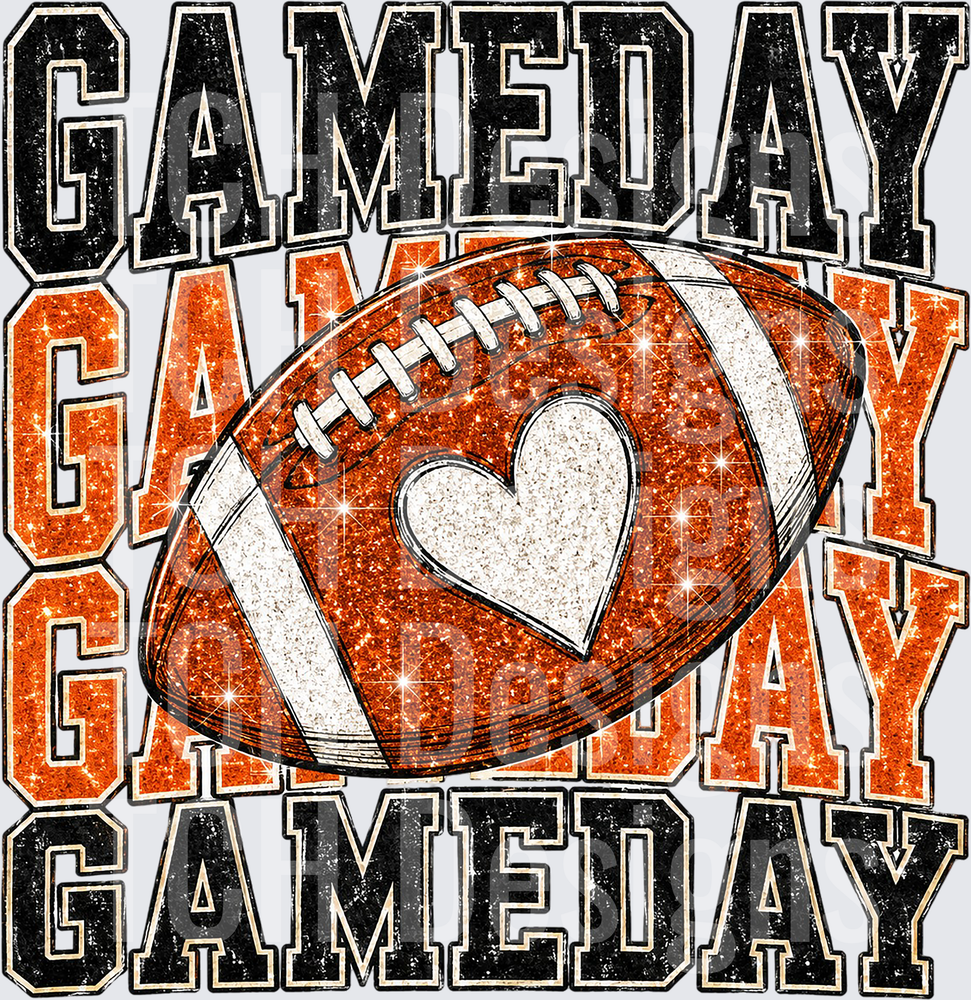 Gameday Stacked Text Glitter Football Heart Design