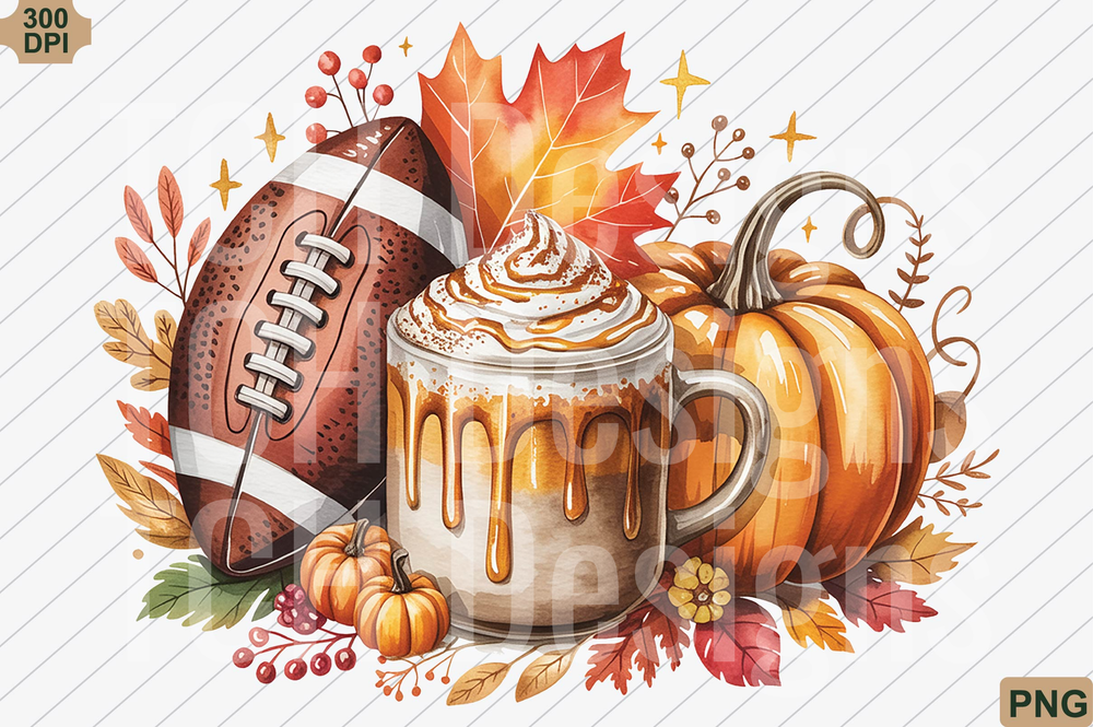 Fall Football Pumpkin Spice Latte Autumn Watercolor