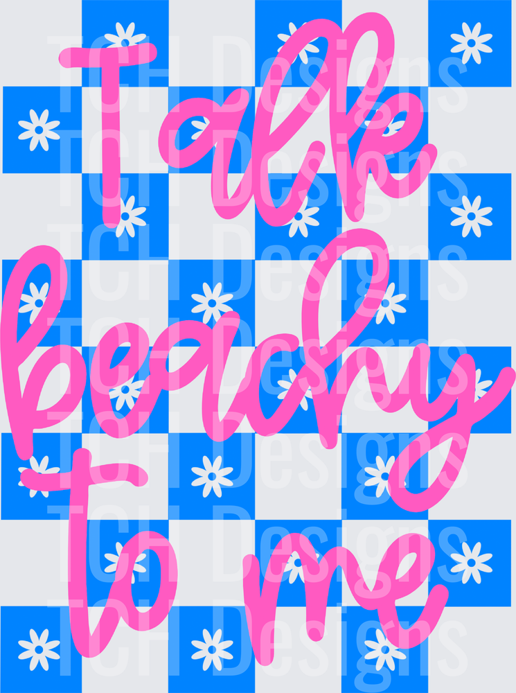 Talk Nerdy To Me Pink Script on Blue Checkered Pattern with Daisies
