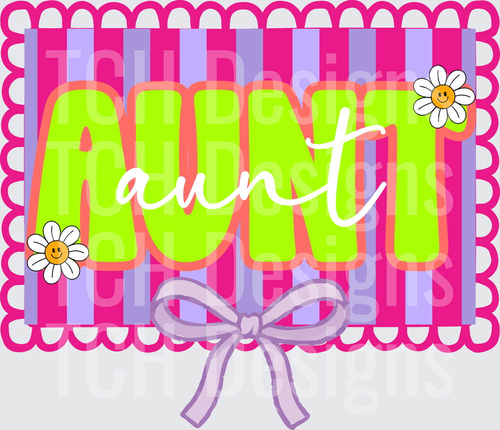 Aunt with Happy Daisy Flowers Pink Striped Bow Frame