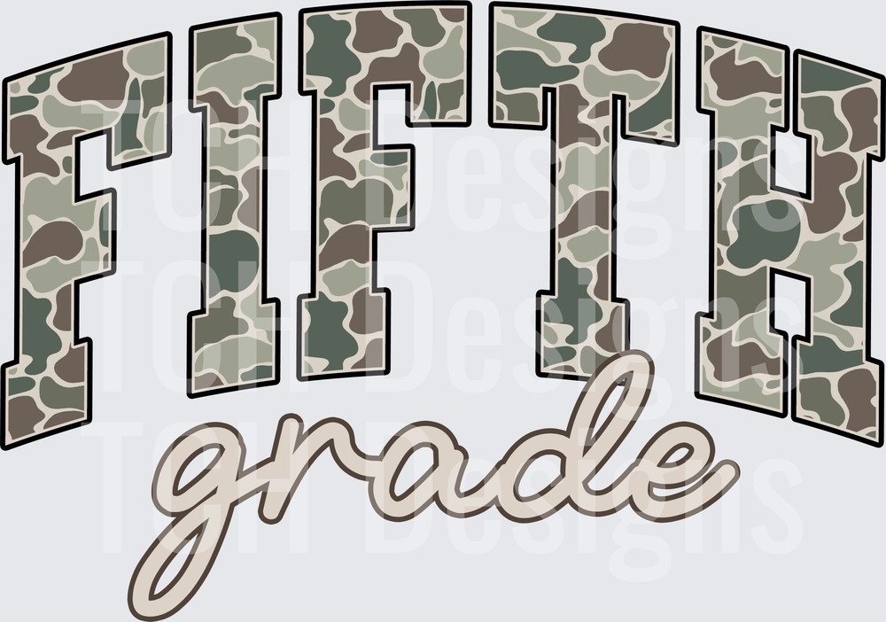 Fifth Grade Camo Arched Varsity Letters Script Design