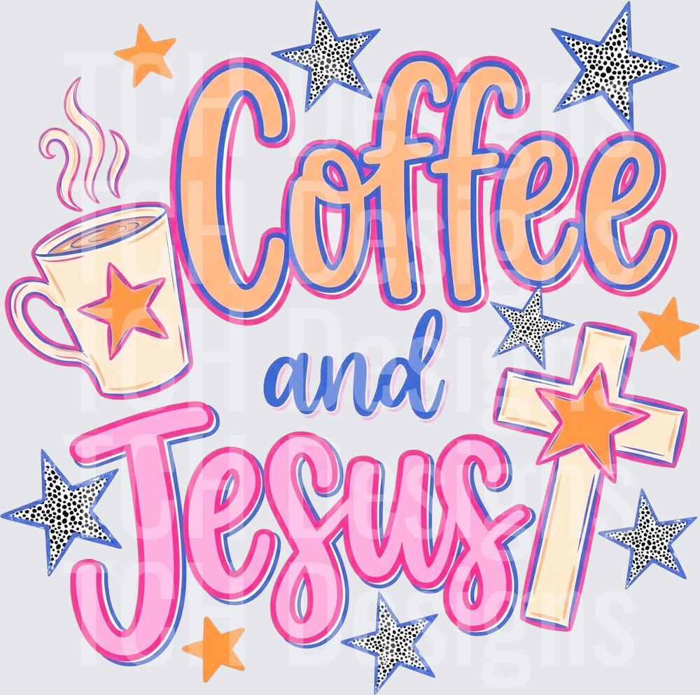 Coffee and Jesus Steaming Mug Cross Stars Colorful Design