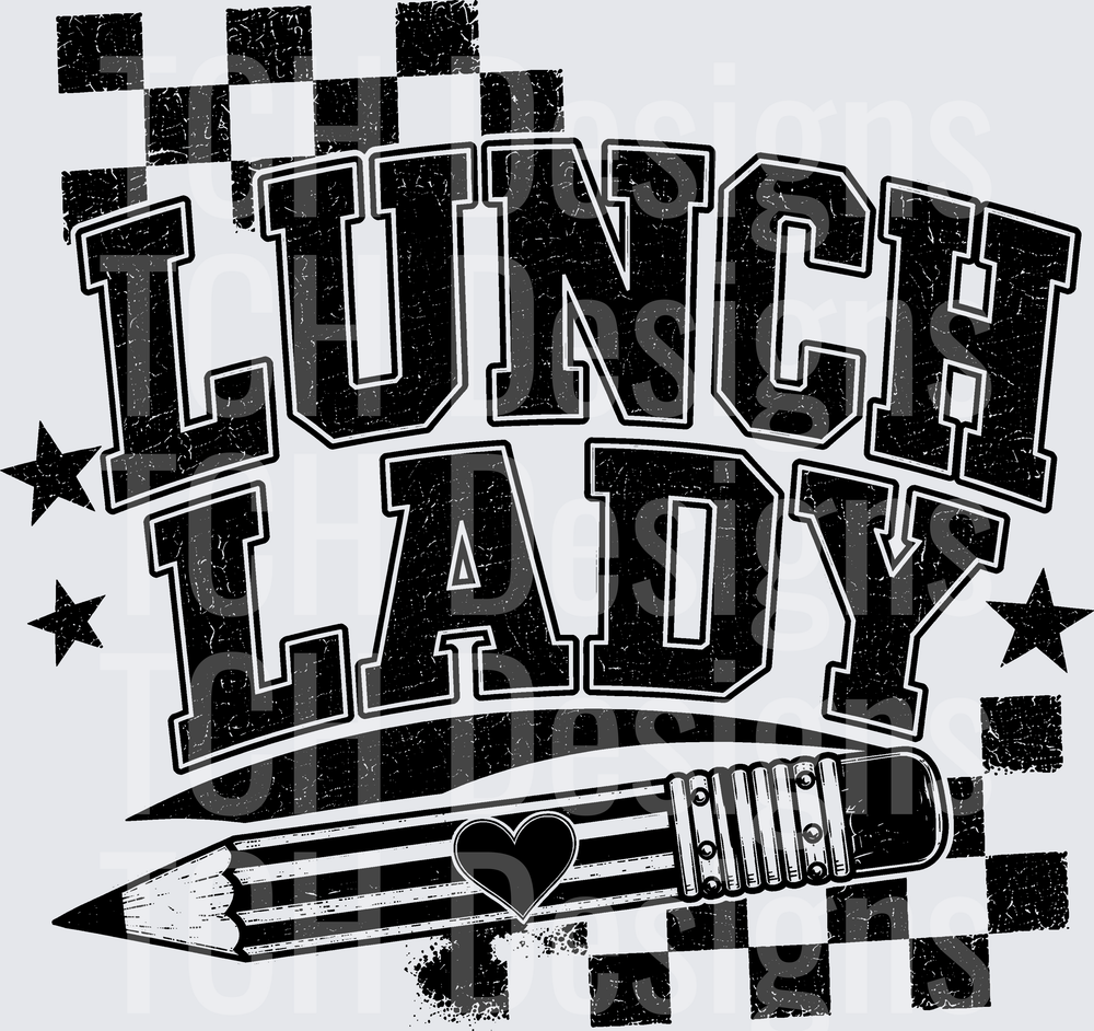 Lunch Lady Varsity Distressed Checkered Stars Pencil Heart