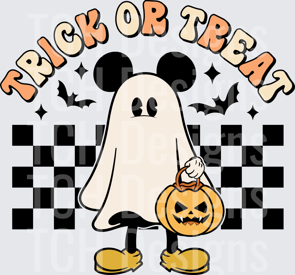 Mickey Mouse Ghost Trick Or Treat Halloween Checkered Design