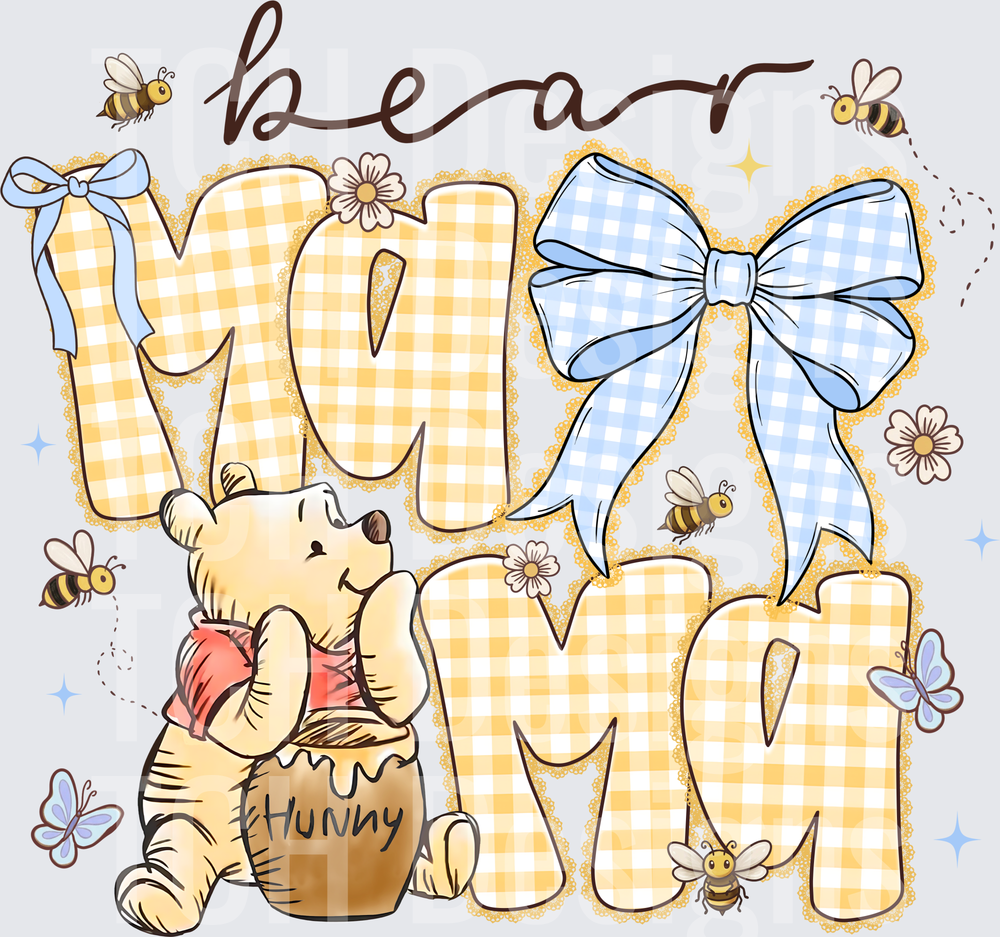 Bear Mom Winnie the Pooh Gingham Pattern with Blue Bow
