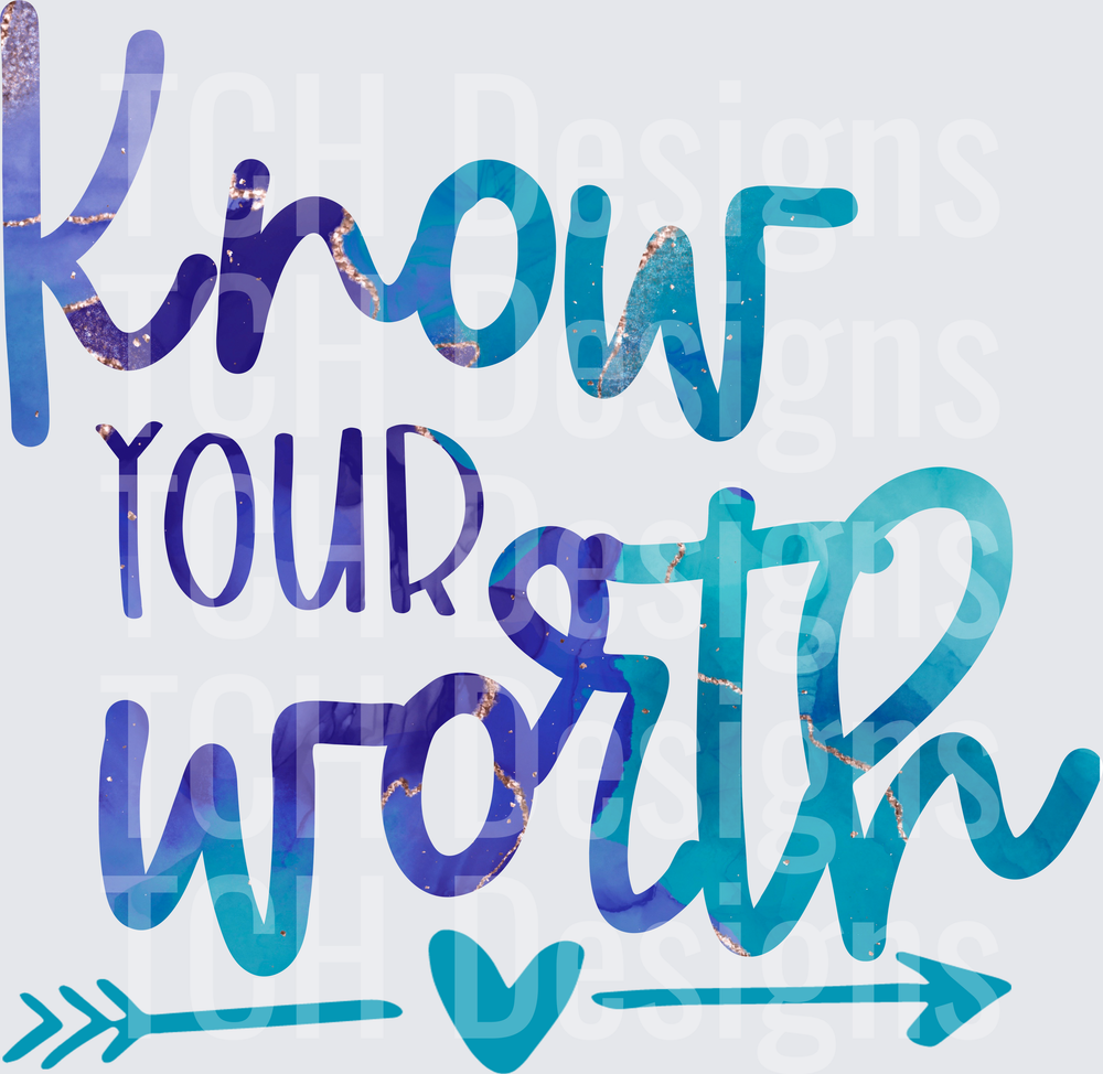 Know Your Worth Blue Purple Glitter Watercolor Arrow Heart