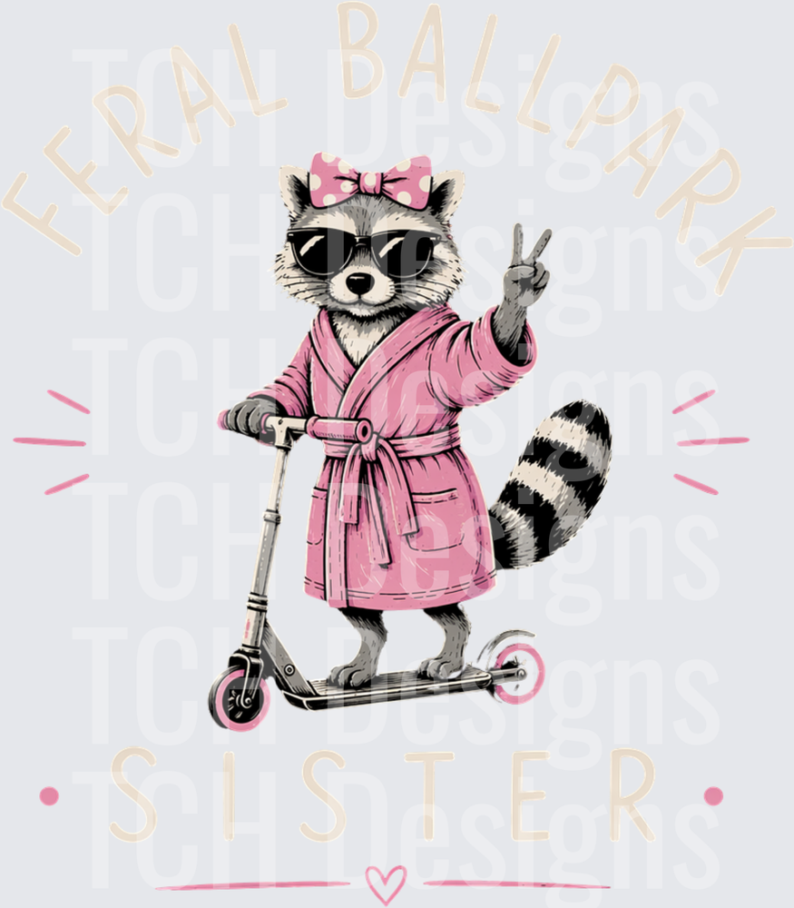 Feral Ball Park Sister Raccoon in Pink Robe on Scooter Peace Sign