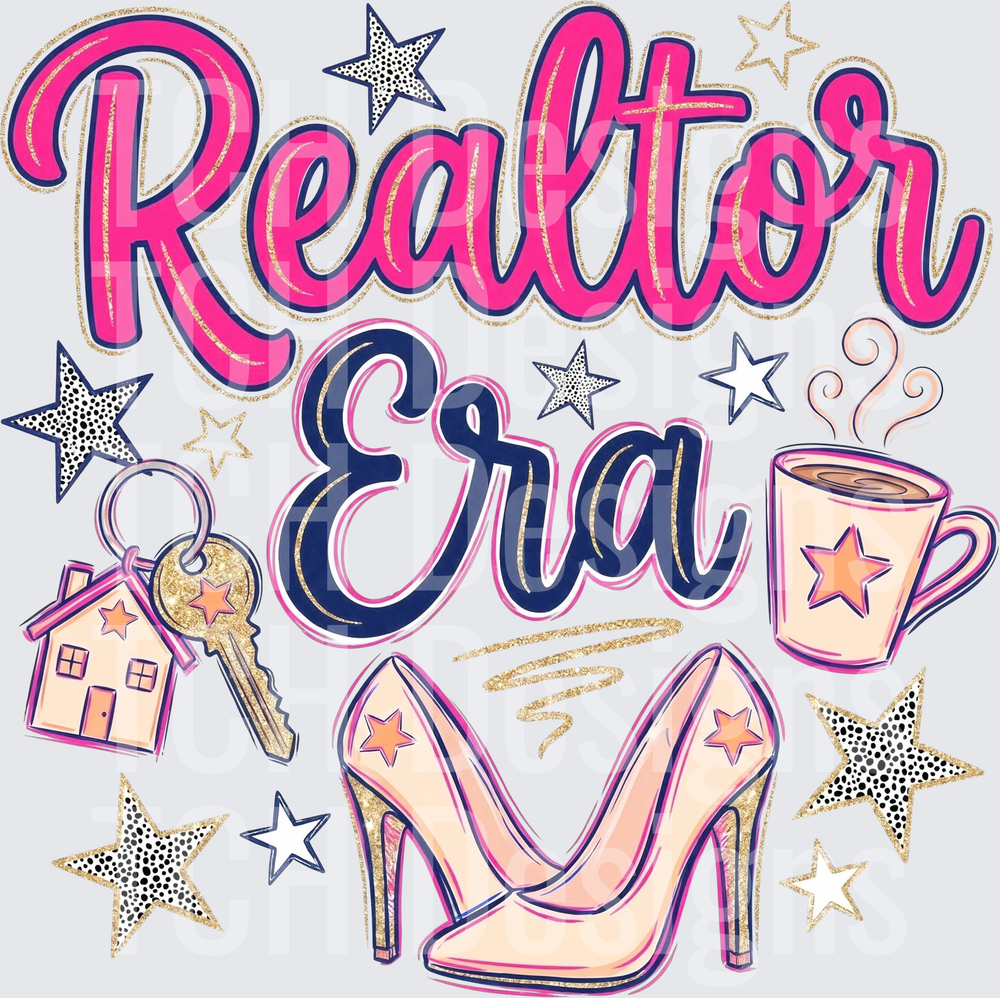 Realtor Era Pink Script with Keys Heels Coffee Cup Stars