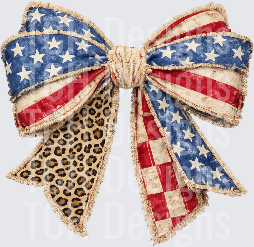 Vintage American Flag Bow with Leopard Print Frayed Edges