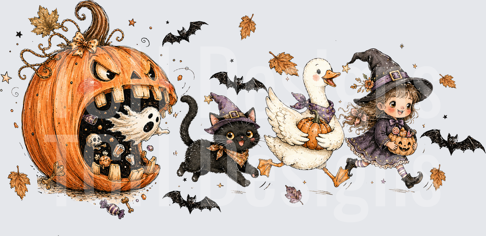 Pumpkin Eating Ghost Cat Witch