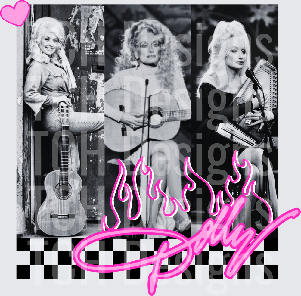 Dolly Parton Triple Photo Collage Pink Flames Script