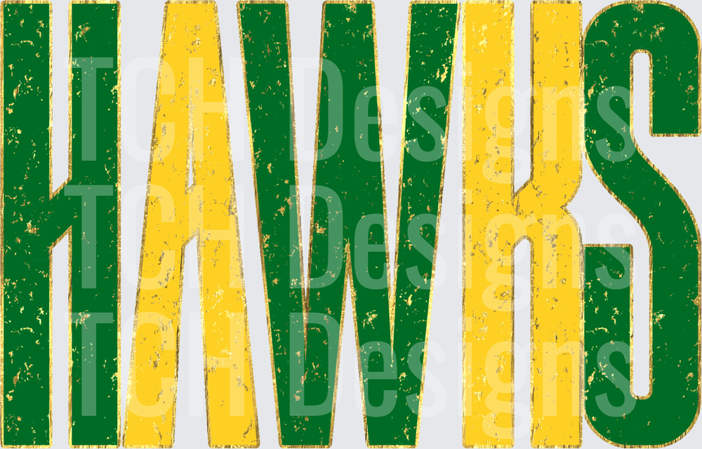 Hawks Distressed Green Gold Bold Block Letter Wordmark