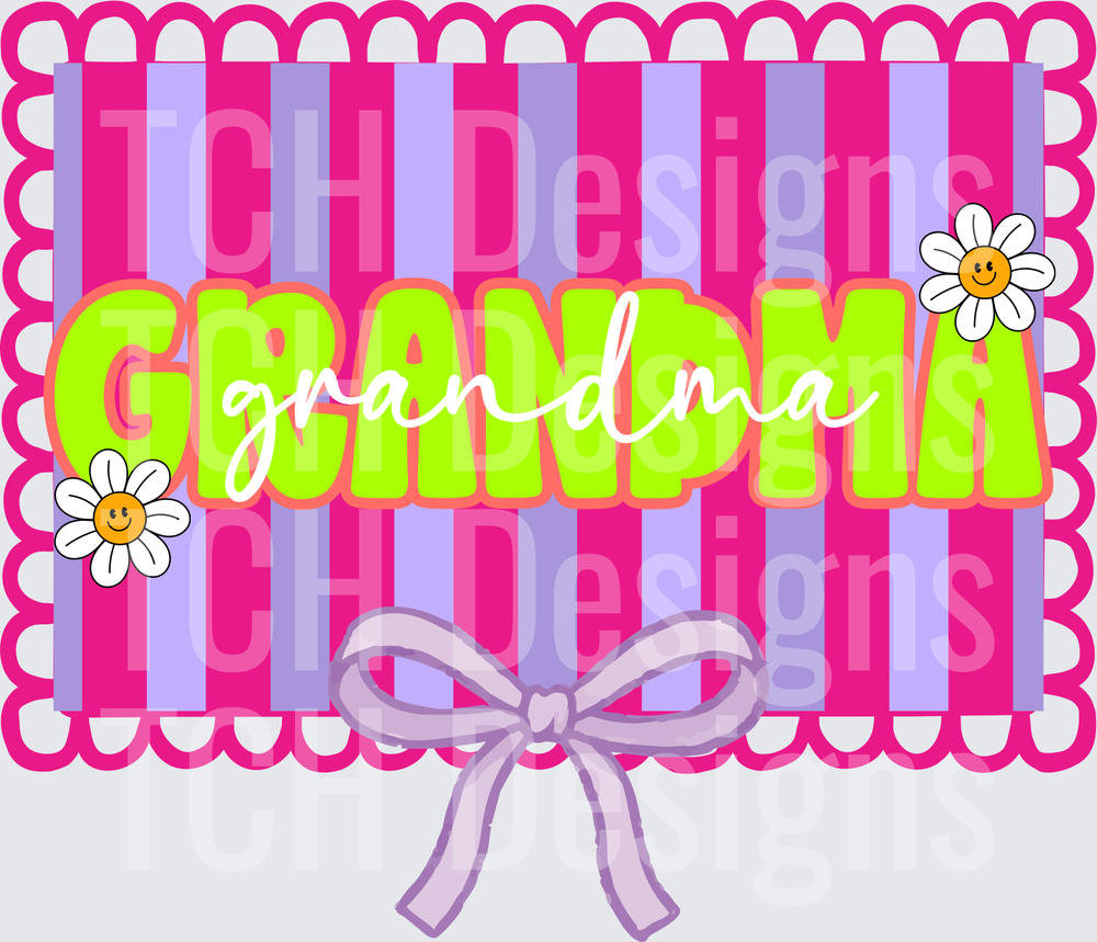 Grandma Text with Scalloped Frame Daisies and Purple Bow