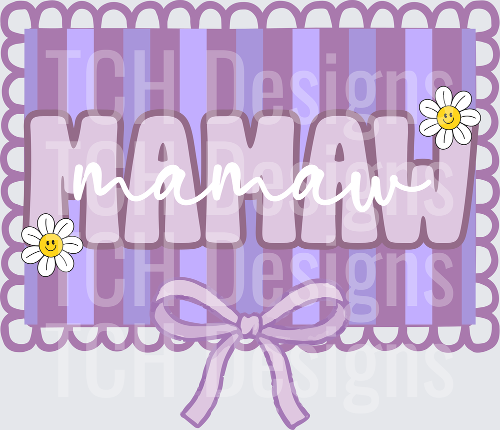 Mama Cursive Text with Daisy Flowers Purple Striped Frame