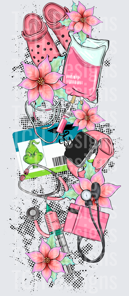 Grinch CNA Nurse Christmas Pink Medical Tools Poinsettia