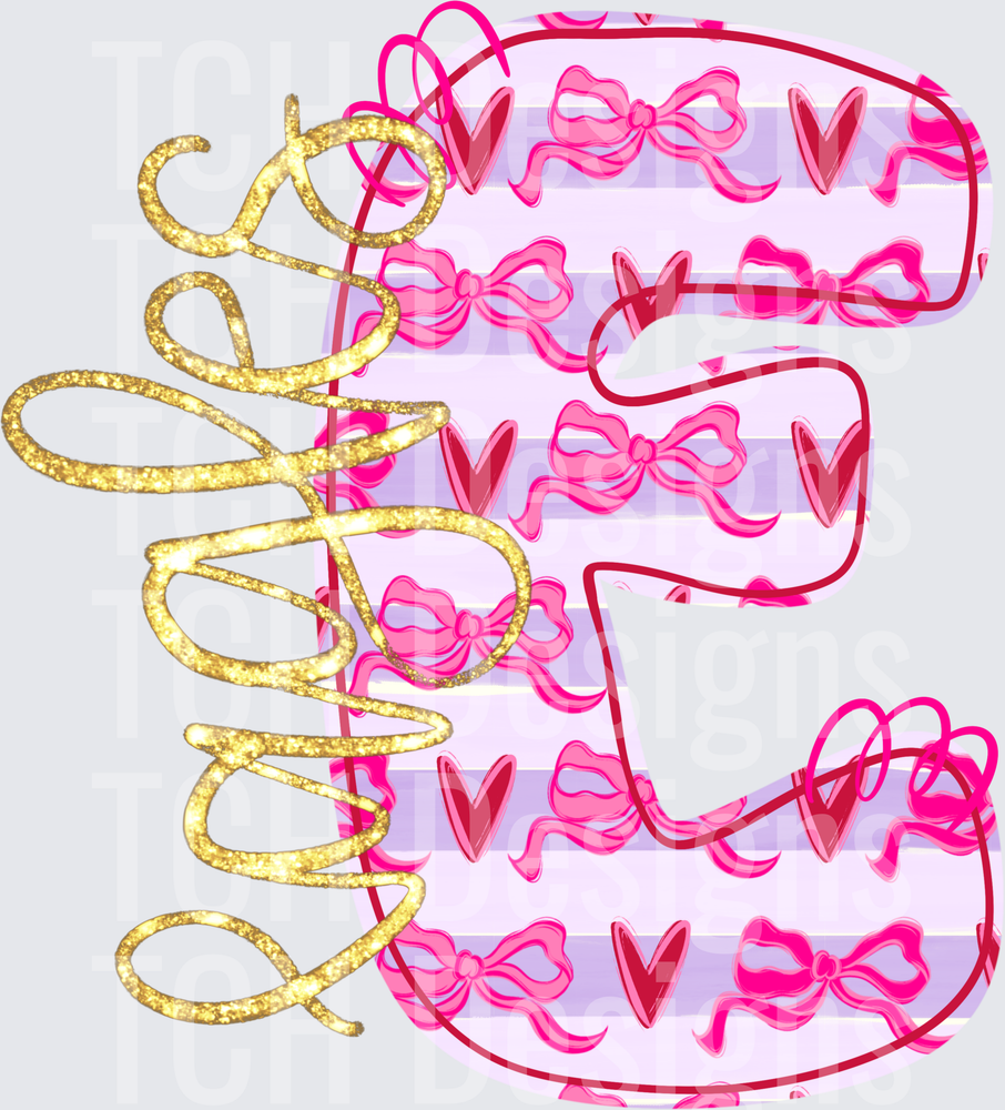 Coquette Letter E Pink Bows Hearts Gold Glitter Stripe
