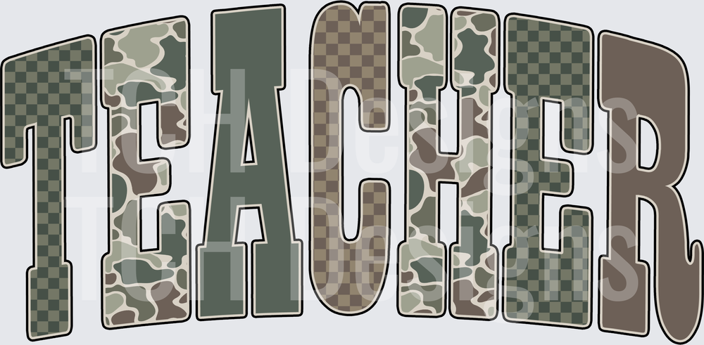 Teacher Arched Bold Text Camo Checkered Mixed Pattern