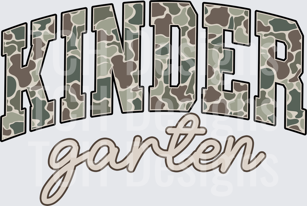 Kindergarten Camo Arched Varsity Bold Script Design