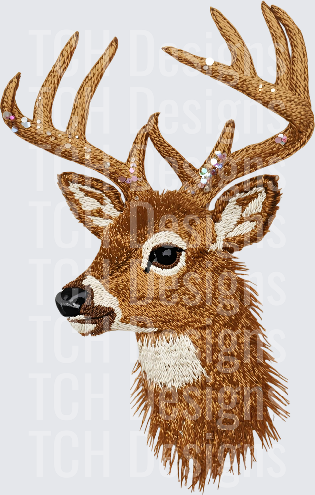 Embroidered Style Whitetail Buck with Glitter Sequin Antlers