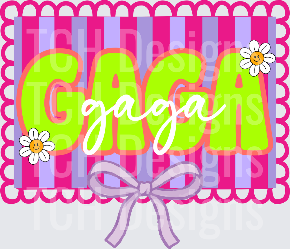 GAGA Text with Smiling Daisies and Purple Bow on Pink Striped Background