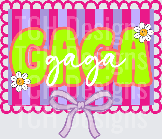 GAGA Text with Smiling Daisies and Purple Bow on Pink Striped Background