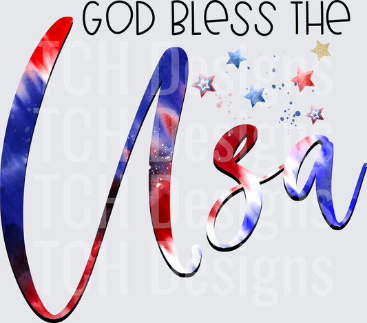 God Bless The USA Red White Blue Watercolor Stars Script