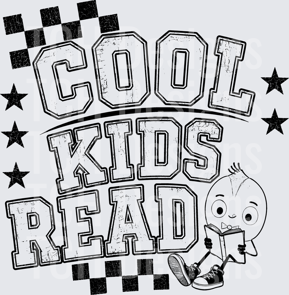 Cool Kids Read Vintage Varsity Text with Cartoon Kid Reading Book Stars Checkered