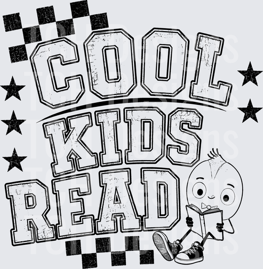 Cool Kids Read Vintage Varsity Text with Cartoon Kid Reading Book Stars Checkered