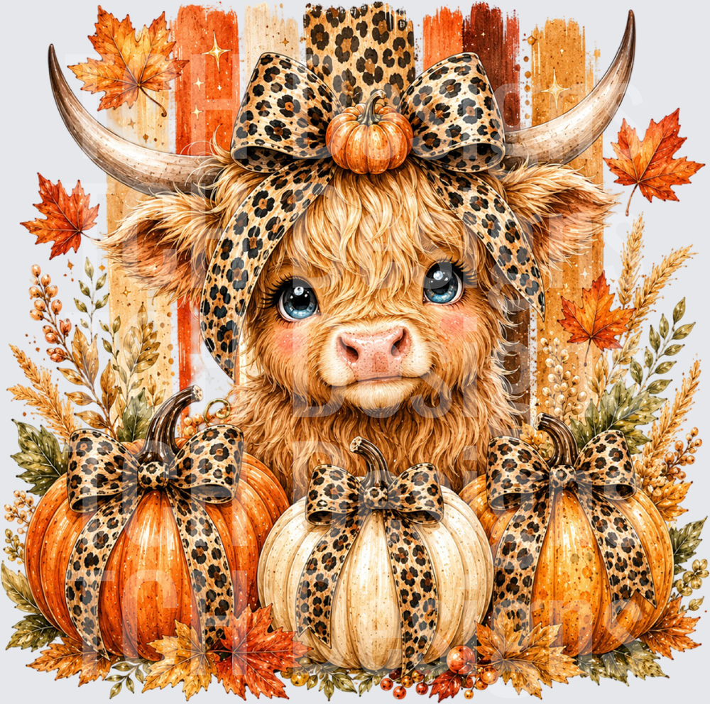 Cute Highland Cow Leopard Bow Fall Pumpkins Autumn Leaves