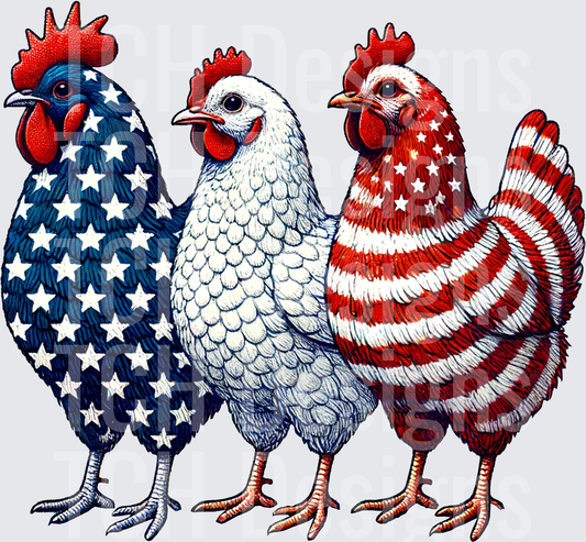 Three Patriotic Chickens American Flag Red White Blue Stars Stripes