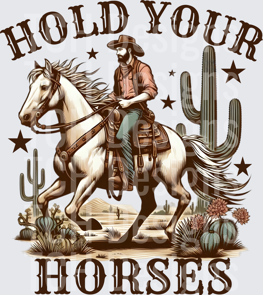 Hold Your Horses Western Cowboy Riding Desert Cactus