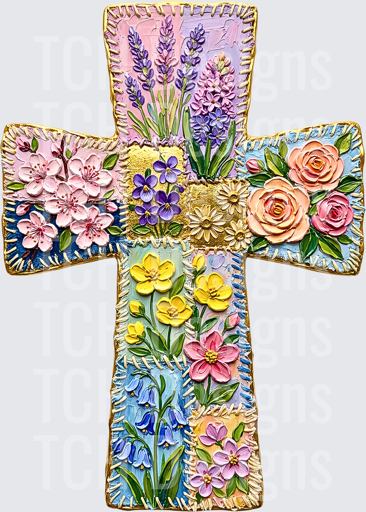 Floral Cross with Lavender Roses Cherry Blossoms and Daisies