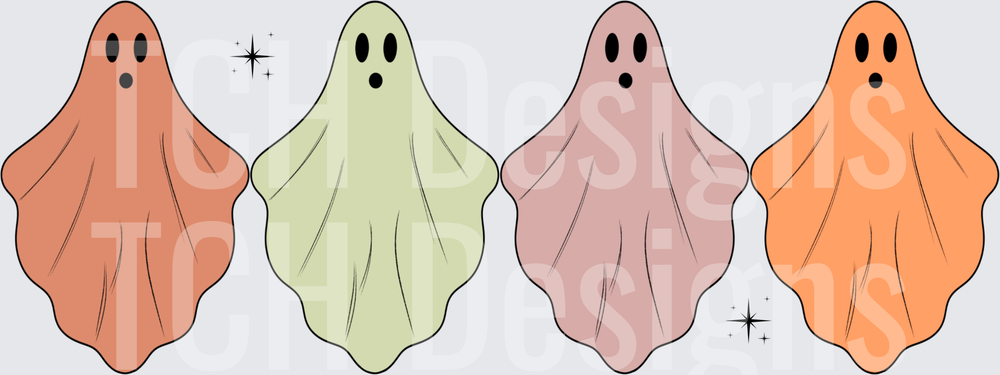 Four Retro Boho Halloween Ghosts Earthy Tones Sparkle