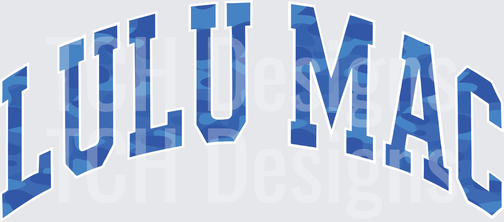 Lulu Mac Arched Blue Camo collegiate lettering