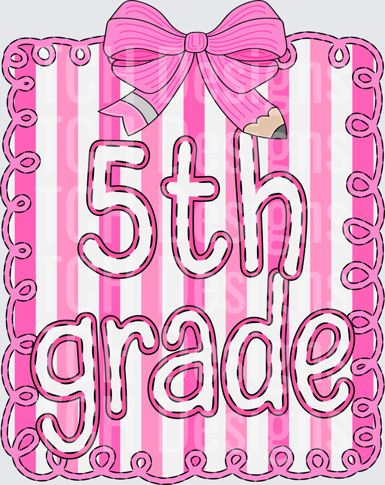 5th Grade Pink Stripe Bow Pencil Doodle Frame Design