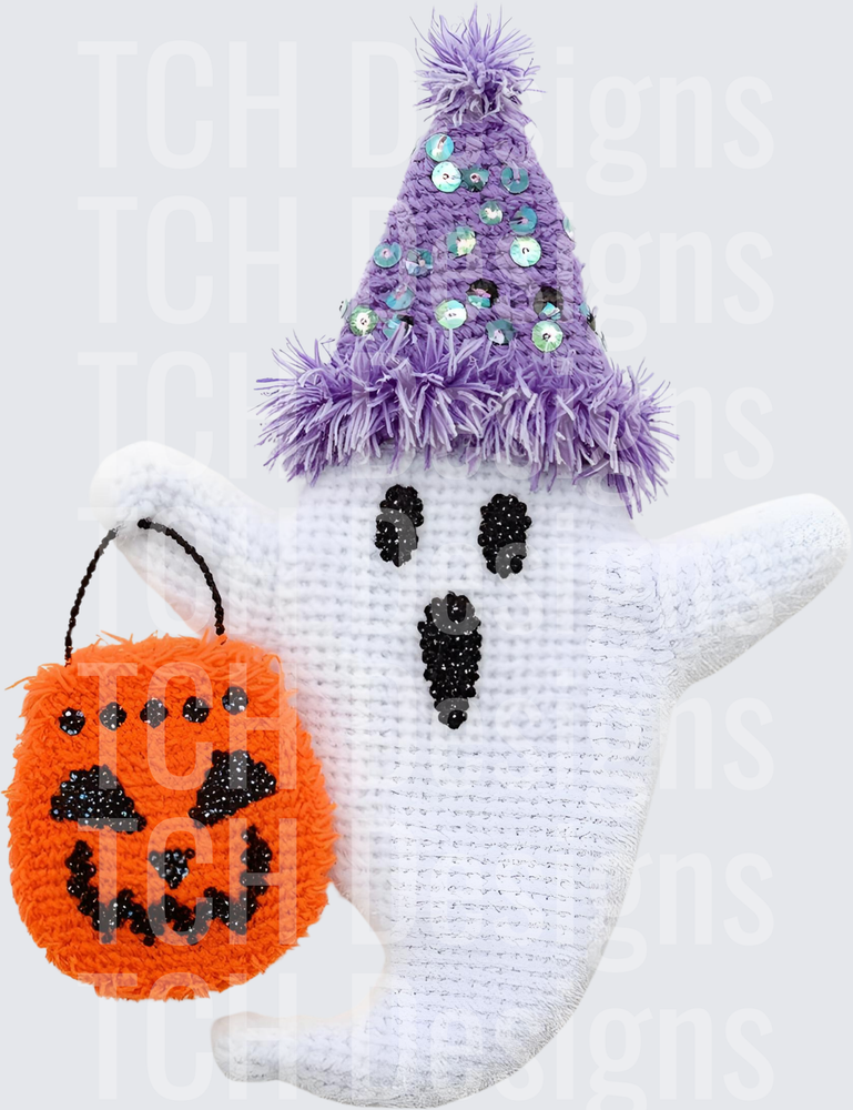 Cute Crochet Ghost Purple Sequin Witch Hat Jack-O-Lantern Bag