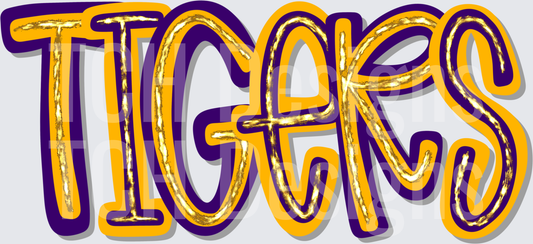 Tigers Bold Gold Purple Script Layered Text Mascot Word