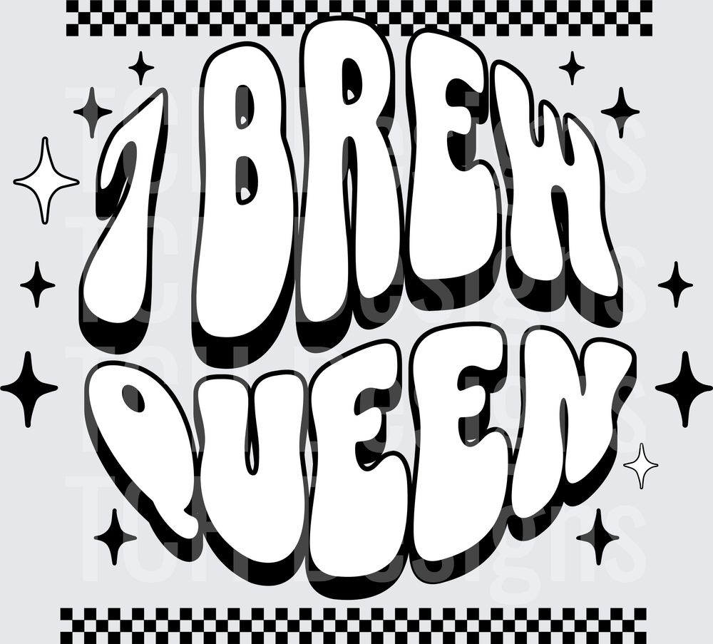 Brew Queen Retro Bubble Letter Groovy Checkered Design
