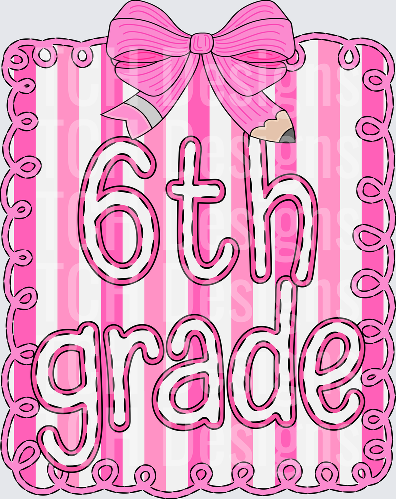 6th Grade Pink Striped Bow Pencil Doodle Frame Design