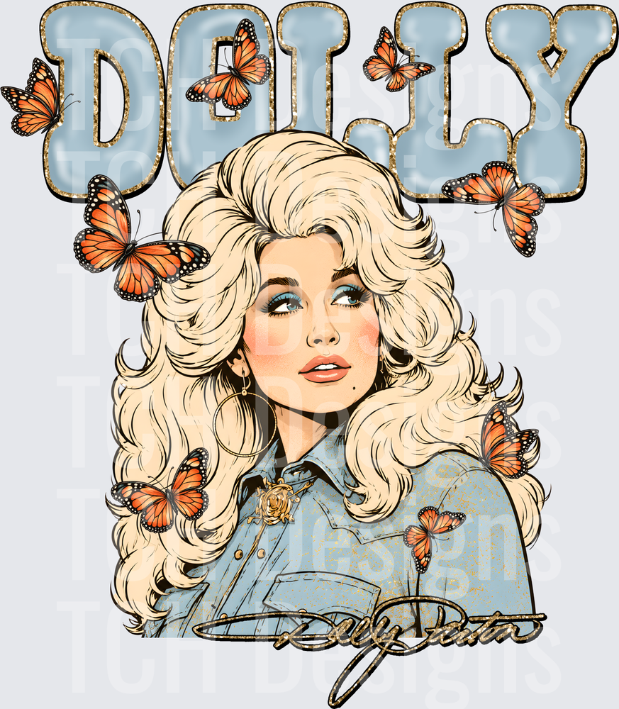 Dolly Parton Retro Portrait with Monarch Butterflies