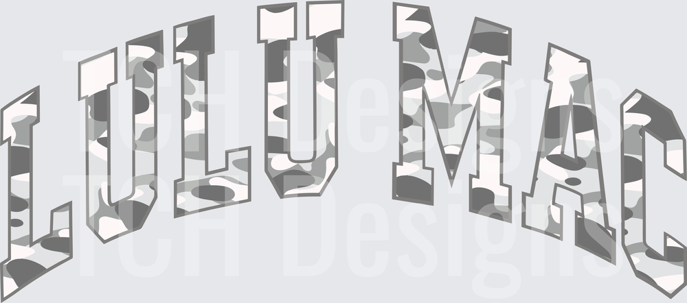 Lulu Mac Arched collegiate letters gray camo pattern