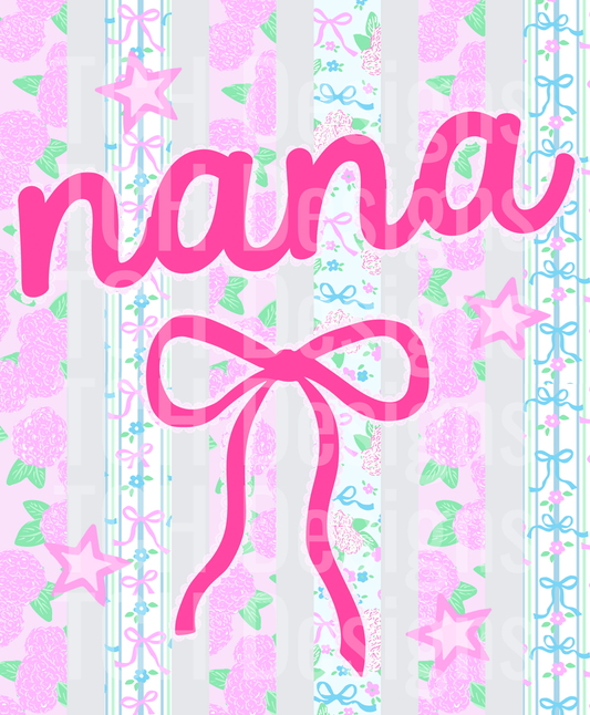 Nana Pink Bow Cursive Script with Floral Striped Background