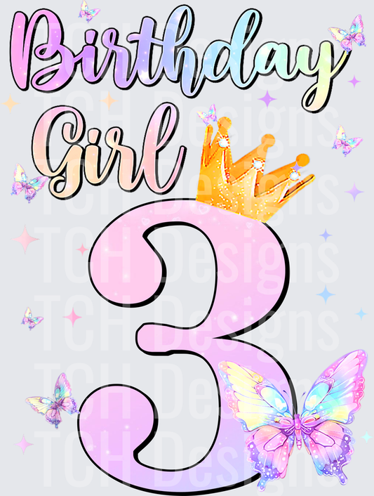 Birthday Girl 3 with Golden Crown and Rainbow Butterflies