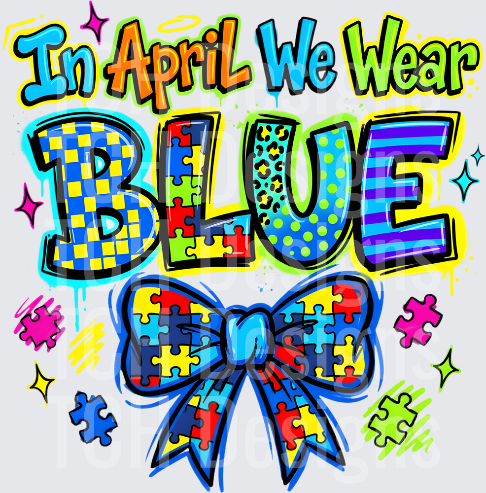 In April We Wear Blue Autism Awareness Puzzle Piece Bow