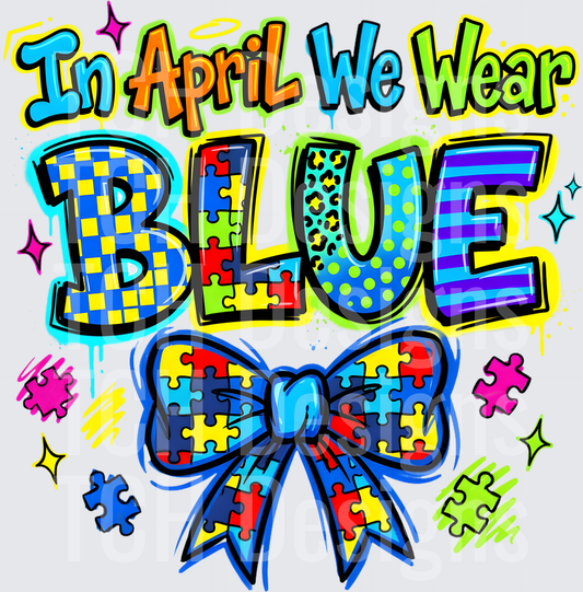 In April We Wear Blue Autism Awareness Puzzle Piece Bow