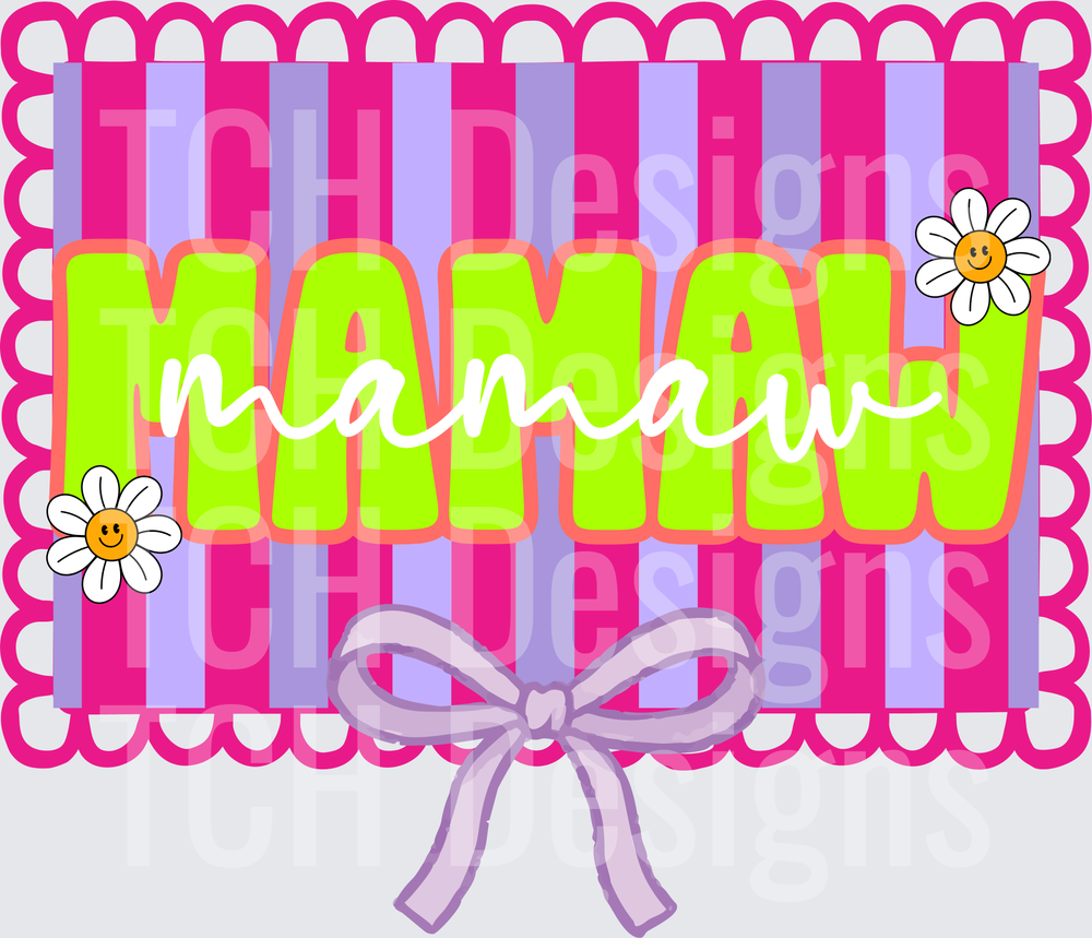 MAMA with Cursive Script on Pink Striped Background with Daisies and Bow