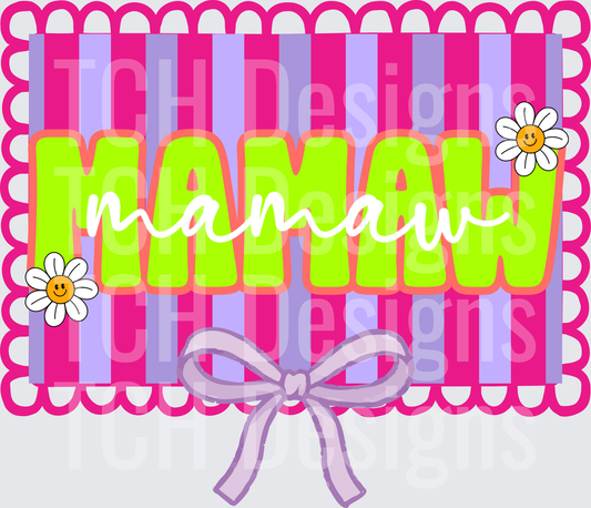 MAMA with Cursive Script on Pink Striped Background with Daisies and Bow