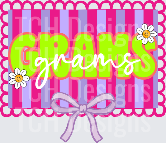 Grams Scalloped Frame with Daisy Flowers and Striped Background