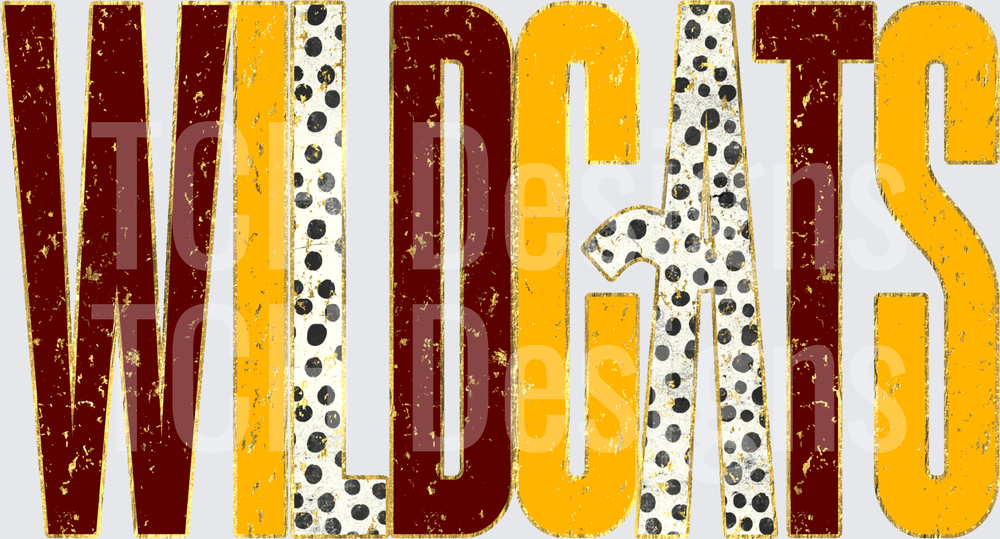 Wildcats Distressed Maroon Gold Cheetah Print Bold Text