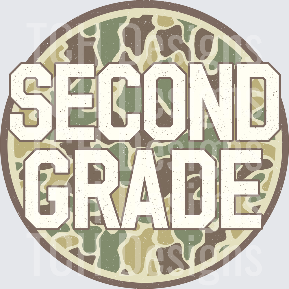 Second Grade Bold Text Distressed Camo Circle Badge